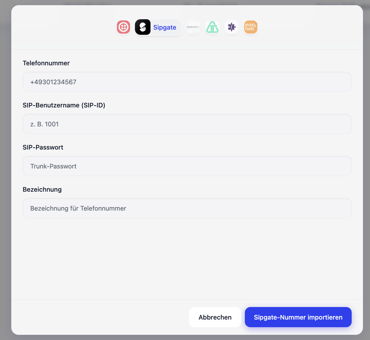 Sipgate integration in SalesFrank: import your own number via SIP ID and trunk password.