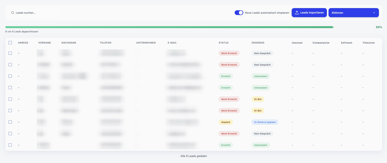 Leads overview in SalesFrank with the new progress bar: 8 of 9 leads completed.