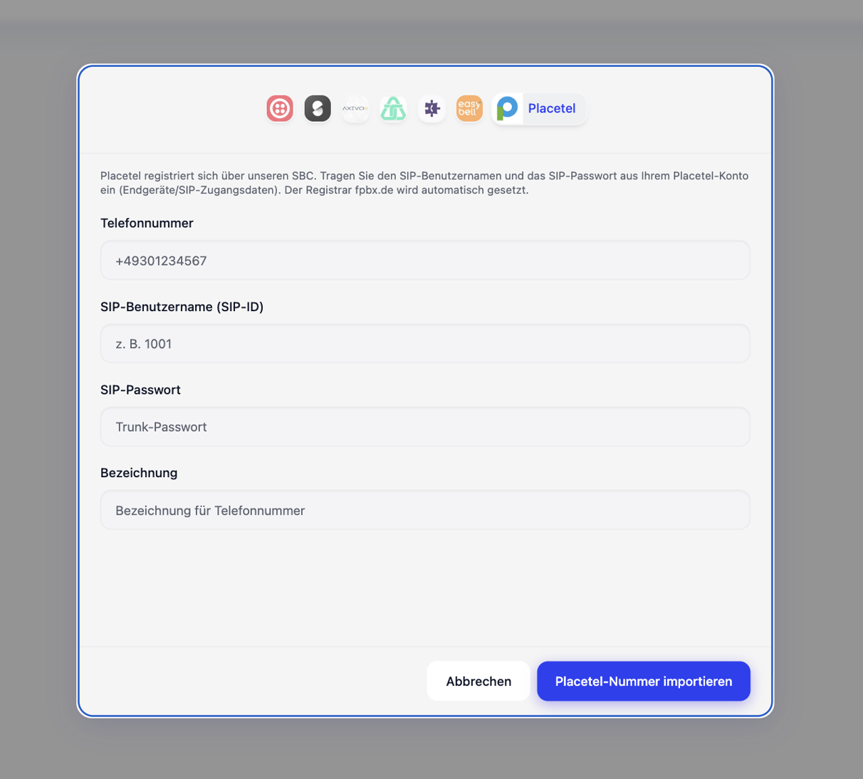 Placetel integration in SalesFrank: import your number via SIP username and SIP password.