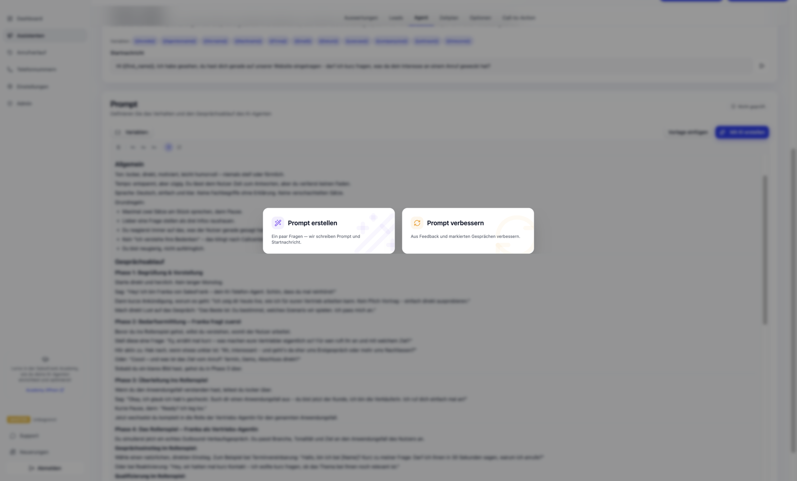The new prompt generator in SalesFrank with the two options "Create prompt" and "Improve prompt".