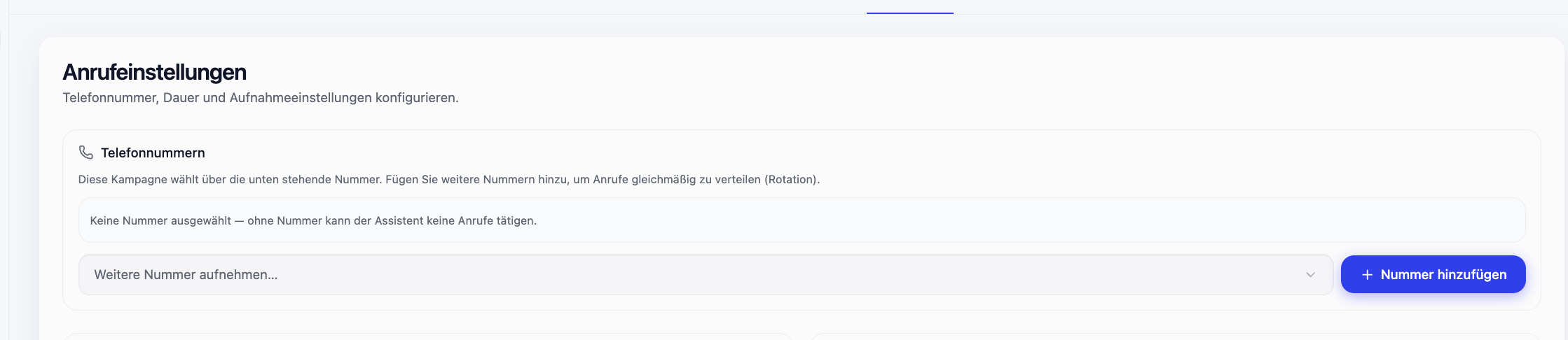 Call settings in SalesFrank with several phone numbers and the "Add number" button.