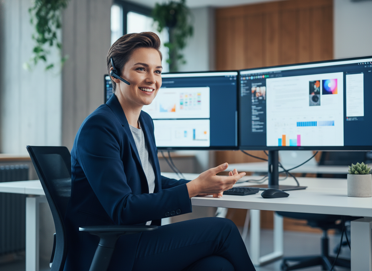 Agentur-Mitarbeiter mit Headset am Telefon in einem kreativen Büro
