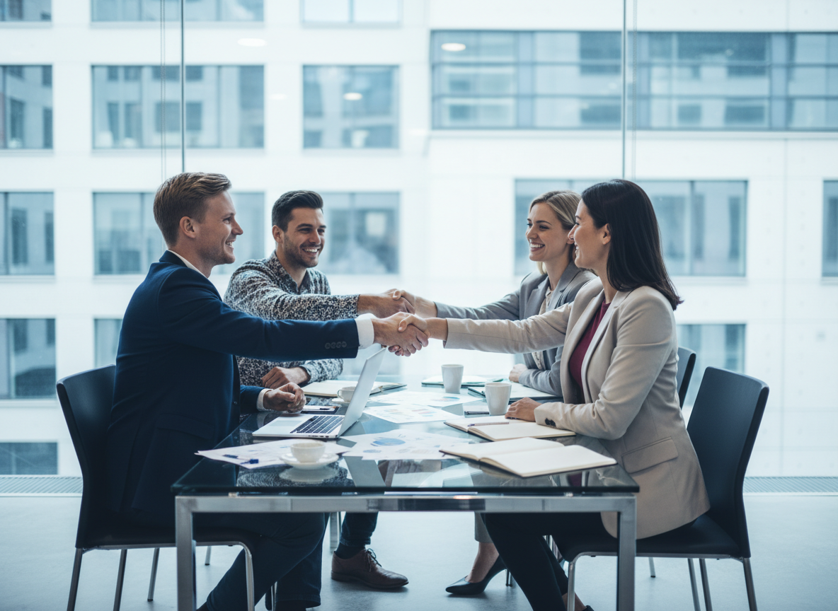 B2B-Sales-Team beim Deal-Making im Meetingraum per Handschlag
