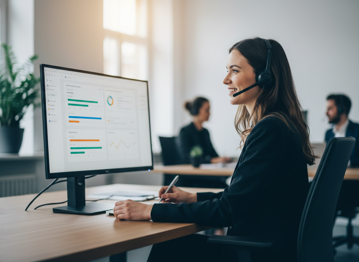 B2B-Vertriebler mit Headset am Telefon vor einem CRM-Dashboard