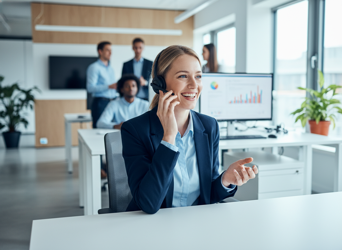 Junger Vertriebler mit Headset im Telefongespräch in einem modernen Sales-Office