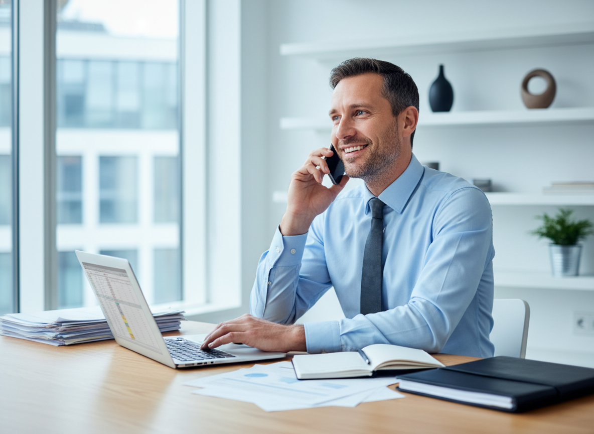 Unternehmensberater am Telefon mit Laptop und Unterlagen im Büro