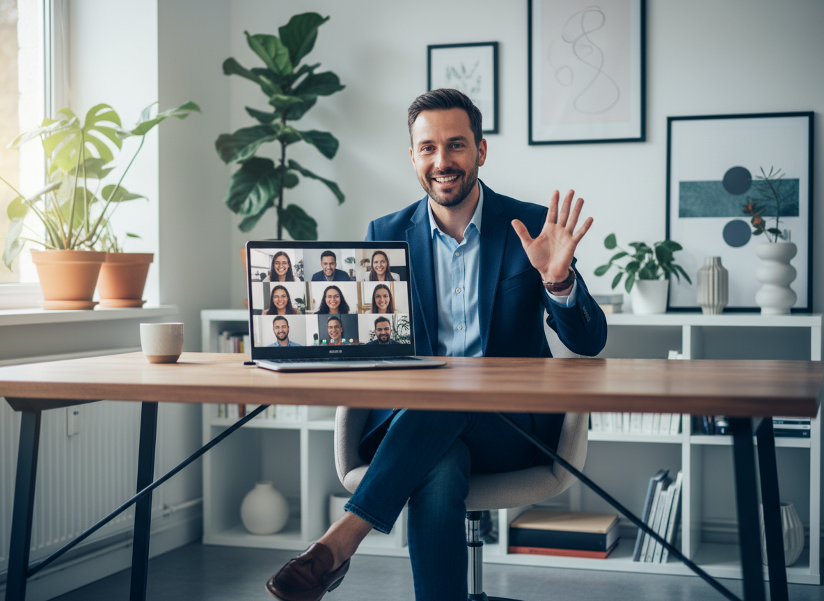 Coach im Strategiegespräch per Videocall am Laptop