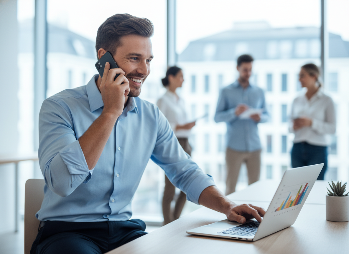 Energieberater am Telefon mit Laptop in einem modernen Büro