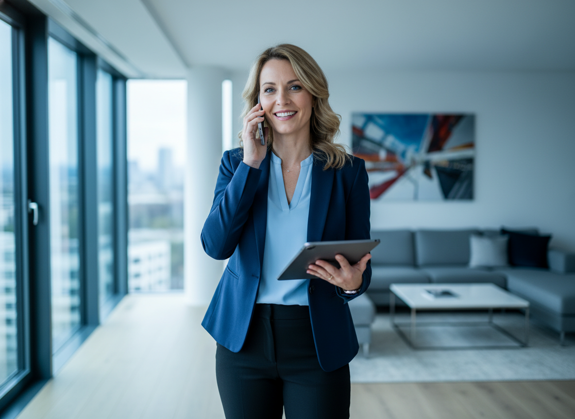 Immobilienmaklerin am Telefon mit Tablet in einer modernen Wohnung