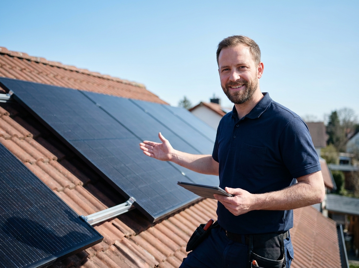 Solar-Installateur auf einem Hausdach mit Photovoltaik-Modulen