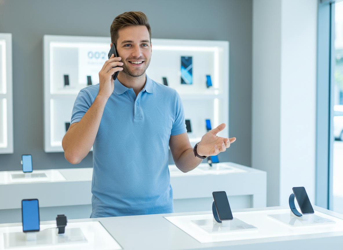 Mitarbeiter im Handyshop am Telefon an der Theke
