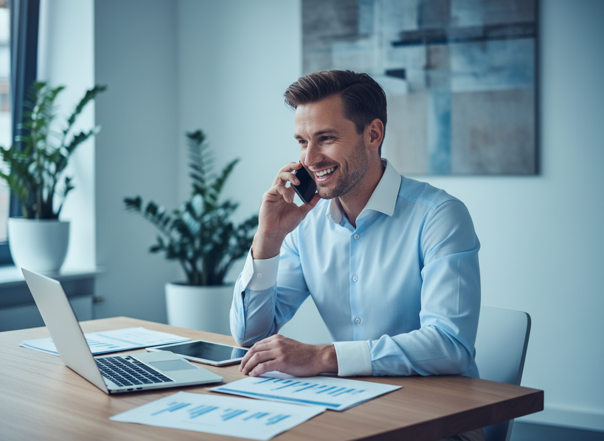 Finanzberater am Telefon mit Unterlagen an einem aufgeräumten Schreibtisch